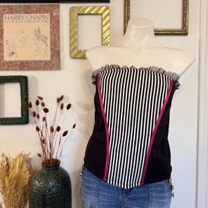 Cacique Black and White Striped Tube Top with Pink Trim